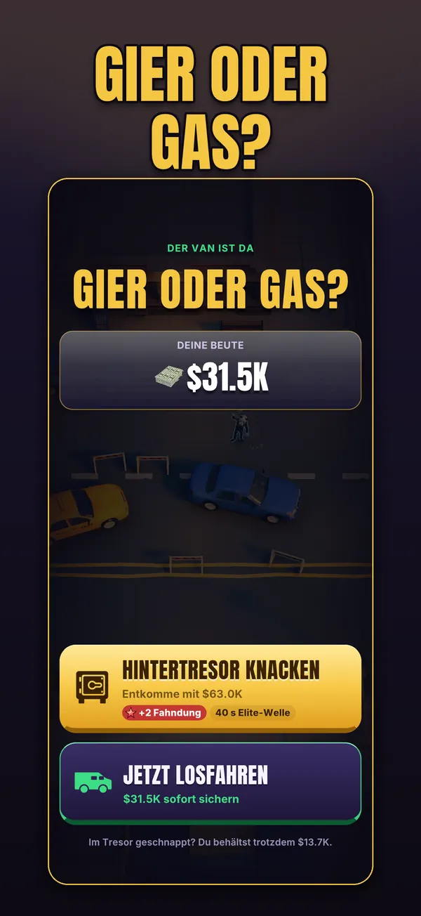 Gier oder Gas? Am Fluchtwagen: Hintertresor knacken oder sofort losfahren