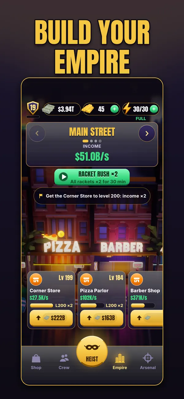 Build your empire: the Main Street rackets and their income